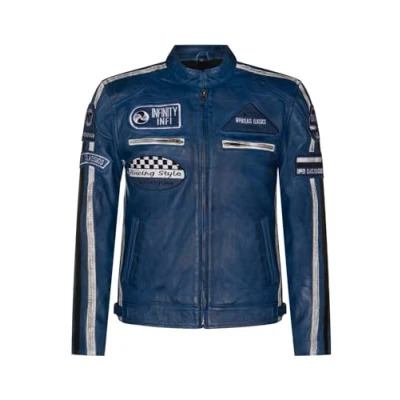 Abbildung von Blau Herren Leder Biker Abzeichen, Rennen Motorradjacke 5XL