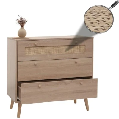 Abbildung von Schubladenkommode HWC M39, Schrank Sideboard Highboard, Kubu Rattan Holz Melamin, 78x80x39cm Eiche Optik