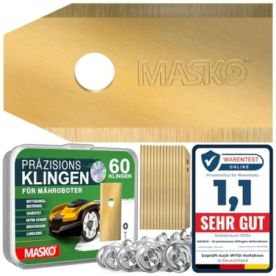 Abbildung von MASKO® Ersatzmesser Klingen für Mähroboter Rasenmäher Messer universal inkl. innovativen Schrauben Ersatzklingen Rasenroboter langlebig Titan Beschichtung Kompatibel mit Gardena/Husqvarna 60 Stück