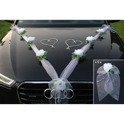 Abbildung von Organza M + Schleife Auto Schmuck Braut Paar Rose Deko Dekoration Autoschmuck Hochzeit Car Wedding Ratan Girlande PKW … (Reinweiß Weiß H)