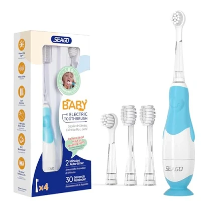 Abbildung von Seago Elektrische Zahnbürste Kinder Baby ab 0 1 2 3 Jahr, mit LED Licht, Runder Weich Ersatzbürsten, Baby,2 Minuten Smart Timer, Wasserdicht IPX7,SG513(Blau)