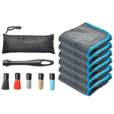 Abbildung von CARMODO® 5in1 Wechselbares Detailing Pinsel Set inkl. Felgenbürsten Aufsatz für Jede Oberfläche &amp; 6X Innenraum Mikrofasertücher extrem weiche Reinigungspinsel Auto Zubehör Innenraum, Autopflege