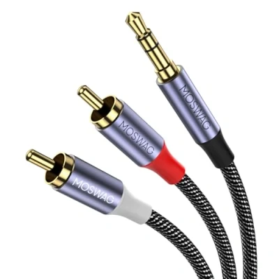 Abbildung von MOSWAG Chinch auf Klinke 3,5 Cinch Kabel 3.5mm zu 2 Stereo RCA Stecker HiFi Audio Aux mit Nylon Mantel, Metall Gerhäuse und 24K vergoldeter Kontakte 6.6ft/2M
