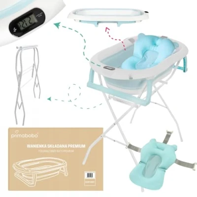 Abbildung von Primabobo Faltbar Babybadewanne, Große Babywanne faltbar, Kinderbadewanne mit Badesitz, für Babys von 0 36 Monaten (Premium Blau (Gestell, Badekissen, Thermometer), Faltbare Babybadewanne Gestell)