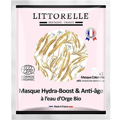 Abbildung von Littorelle Hydra Boost Anti Aging Maske aus BIO Baumwolle zertifiziert COSMOS ORGANIC Made in Frankreich Feuchtigkeitsspendende Gesichtspflege für zarte Haut 98,5% Natürlichen Ursprung
