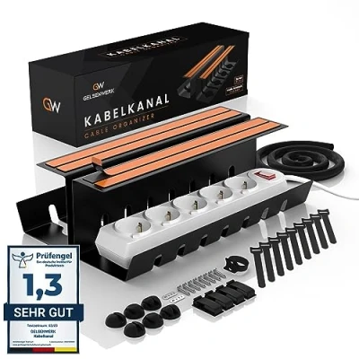 Abbildung von GELSENWERK® 2er Set Kabelkanal Schreibtisch Schwarz ohne Bohren Kabelhalter 43x12x12cm inkl. Kabelschlauch Kabelwanne für ordentliches Kabelmanagement am Arbeitsplatz und Ordnung im Büro