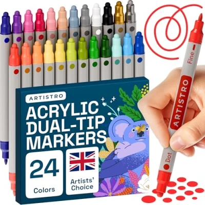 Abbildung von Artistro 24 Acrylstifte für Steine Wasserfest mit Doppelspitze (Feine Spitze 1mm + Pinsel 5mm) Acrylmarker, Zeichenset, Multimarker Textil, Leinwand, Glas, Holz, Papier Kinder und Erwachsene