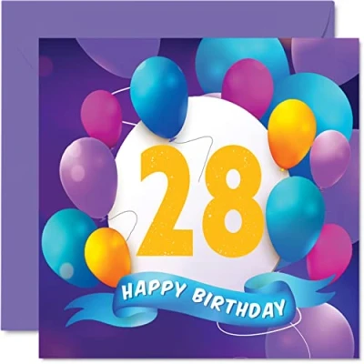 Abbildung von Geburtstagskarte zum 28. Geburtstag für Männer und Frauen Ballon Party Happy Birthday Cards 28 Jahre alte Frau Bruder Schwester Sohn Tochter Tante Onkel Freund Cousin 145 mm x
