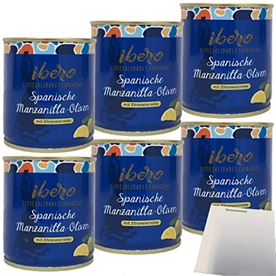 Abbildung von Ibero Spanische Manzanilla Oliven mit Zitronencreme 6er Pack (6x200g Dose) + usy Block