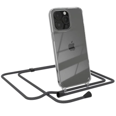 Abbildung von EAZY CASE Handytasche zum Umhängen kompatibel mit iPhone 14 Pro Max, Handyhülle Band, Transparent Kameraschutz und Bildschirmschutz, Handy Lanyard in Schwarz/Anthrazit Clips Schwarz