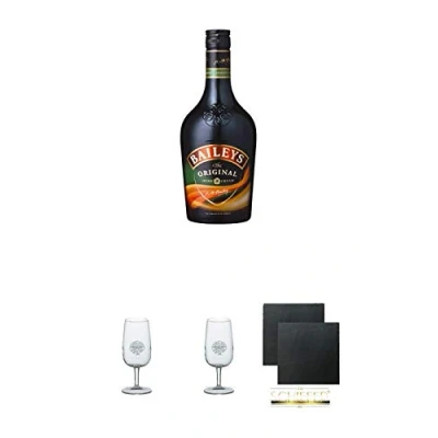 Abbildung von Baileys Cream Sahne Whiskylikör Irland 0,7 Liter + Classic Malt Nosing Glas mit Aufschrift 1 Schiefer Glasuntersetzer eckig ca. 9,5 cm Ø 2 Stück