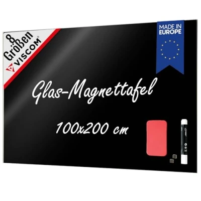 Abbildung von VISCOM Glas Magnettafel 100 x 200 cm in sattem Schwarz rahmenlose Magnetwand Memoboard magnetisch, beschreibbar &amp; trocken abwischbar inkl. Magnete, Stift, Tafellöscher