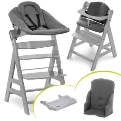 Abbildung von Hauck Alpha Plus Grey XXL Newborn Set Hochstuhl + 2in1 Aufsatz Bouncer &amp; Wippe Tray Essbrett Sitzverkleinerer Hochstuhlauflage Jersey Charcoal