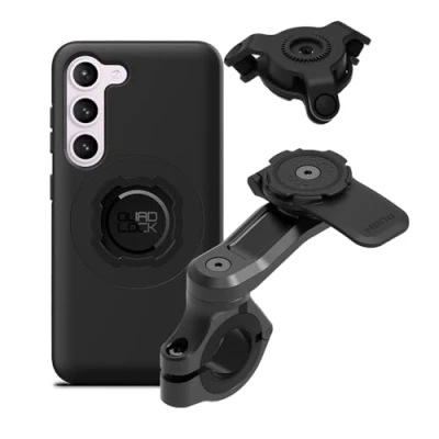Abbildung von Quad Lock Motorrad Lenkerhalterung Pro Kit mit Vibrationsdämpfer und Galaxy S23 MAG Hülle