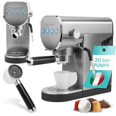 Abbildung von ProfiCook® Espressomaschine 2in1 Kaffeekapseln sowie Espressopulver Siebträgermaschine 20 bar italienische Pumpe inkl. Milchschäumer Düse Siebträger für traditionellen Espresso PC ES 1265