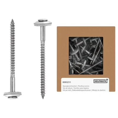 Abbildung von HELPMATE Spenglerschrauben 4,5x65 mm, 50 Stück, DIN 7995, Edelstahl A2, T20, Dachdeckerschrauben, Linsenkopf, mit Tellerscheibe und EPDM Dichtscheibe, Silber, 4,5 x 65 mm