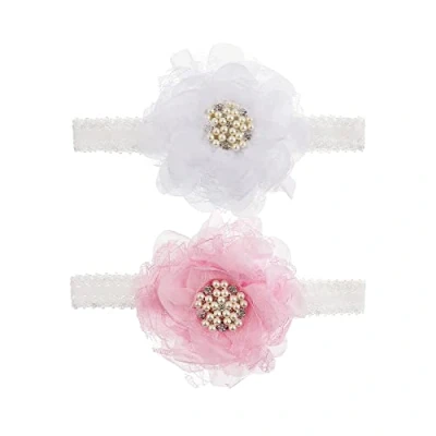 Abbildung von Nishine 2pack Neugeborene Elaktische Spitze Crwon Stirnband Kleinkind Mädchen Stoff Blume Perle Haarband für Baby Dusche Geburtstagsgeschenk(Weiß/Rosa)