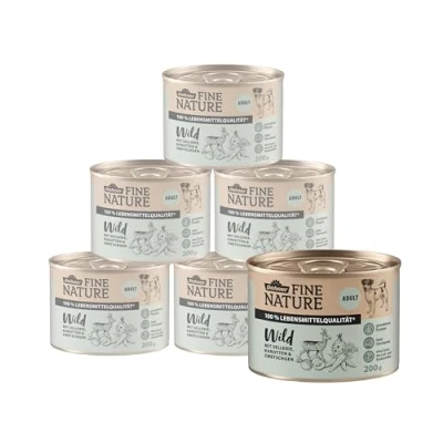 Abbildung von Dehner Fine Nature Hundefutter, Nassfutter in Lebensmittelqualität, für ausgewachsene Hunde, Wild, 6 x 200 g Dose (1.2 kg)