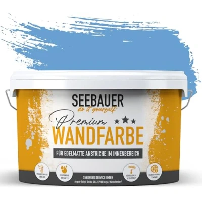 Abbildung von SEEBAUER diy Wandfarbe Blau 5L für Innen (No. 809 Cloudless Sky) Edelmatte blaue Innenfarbe Blautöne sehr hohe Deckkraft Matt, Abwaschbar und Tropffrei