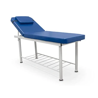 Abbildung von QUIRUMED Feste Massageliege, 2 Abschnitte, mit Stahlstruktur, Blaue Farbe, Kunstleder, Gesichtsloch, Kissen, Rollenhalter, unteres Tablett, bis 180 kg