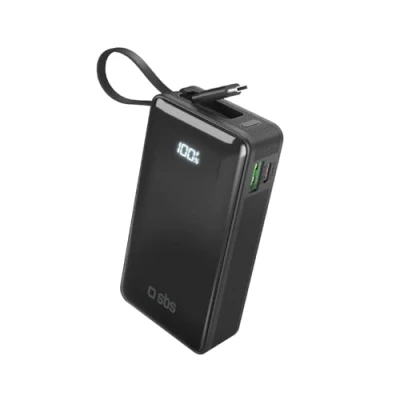 Abbildung von SBS PowerBank 10K Fast LCD, 10.000 mAh Power Delivery, 22,5 W Schnellladung, Adaptive Charge (AFC), LCD Display, USB C, A, C Lanyard, Ladegerät für iPhone, Samsung, Tablet, Smartphone