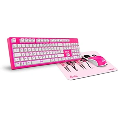 Abbildung von KROM Maus und Mausunterlage Barbie Edition Kandy Weiße LED Membrantastatur, optischem Sensor 6400 DPI, Mause Matte hat eine Gummibasis, Französisch Layout, pink