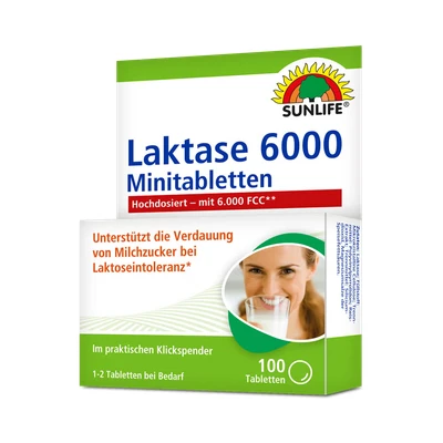 Abbildung von SUNLIFE SUNLIFE® Laktase 6000 FCC Minitabletten 100Stk Intoleranz Laktoseabbau 1 2 Tabletten bei Bedarf