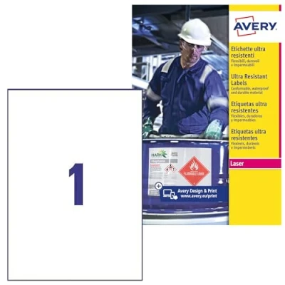 Abbildung von AVERY Zweckform L7917 10 Strapazierfähige Folienetiketten (10 Aufkleber, 210x297mm auf A4, extrem stark selbstklebend, für schwierige Oberflächen, bedruckbare Outdoor Klebefolie) Blatt, weiß