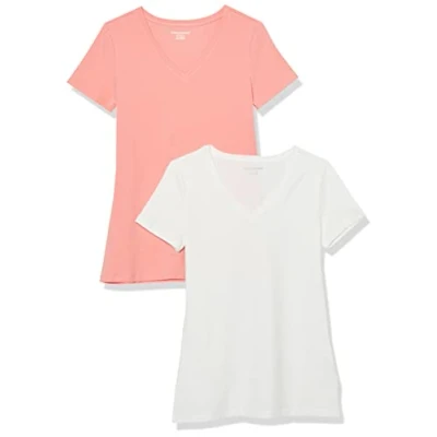 Abbildung von Amazon Essentials Damen Kurzärmeliges T Shirt mit V Ausschnitt, Klassischer Schnitt, 2er Pack, Pfirsich/Weiß, M
