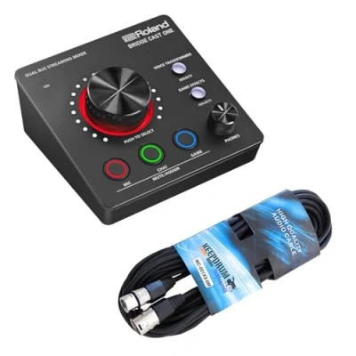 Abbildung von Roland Bridge Cast One Dual Bus Streaming Mixer Interface mit keepdrum XLR Kabel