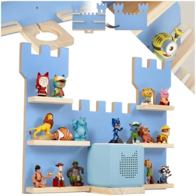 Abbildung von tectake® Holz Regal mit Magnetstreifen für Wand Montage, Tonieregal, Wandregal für&#039;s Kinderzimmer, Aufbewahrung Musikbox, Tonies Tonie Hörfiguren und Toniebox blau