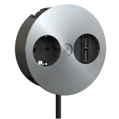 Abbildung von Bachmann Einbausteckdose Twist 1x Steckdose mit 2X USB A 2m Kabel Tischsteckdose für Küche und Büro Edelstahl Optik 931.031 (Nur 40mm Einbautiefe integrierter Wasserablauf)
