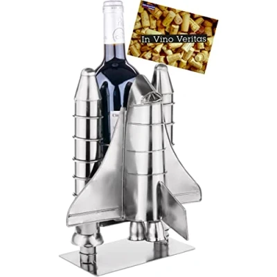 Abbildung von BRUBAKER Weinflaschenhalter Raketenstart Space Shuttle Metall Skulptur Flaschenständer Rakete Raumfähre Silber Metallfigur Weingeschenk für Raumfahrt und Weltall Fans mit Grußkarte
