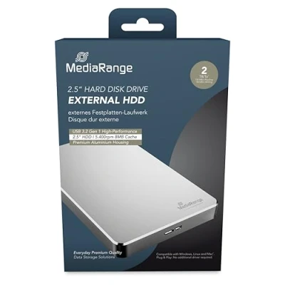 Abbildung von MediaRange Externes HDD Laufwerk 2TB USB 3.0 Festplattenlaufwerk 2.5&quot;, mit 8MB Cache, Datenübertragungsrate bis zu 5 Gbit/s, hochwertiges Gehäuse aus Aluminium
