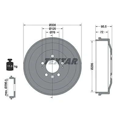 Abbildung von TEXTAR 94043900 Bremstrommel ohne Radlager, Radbefestigungsbolzen, Radnabe 335 VOLKSWAGEN: Amarok Pickup, Pritsche / Fahrgestell