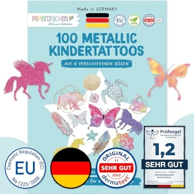 Abbildung von PAPIERDRACHEN Kindertattoo 100 Metallic Tattoos zum Aufkleben Hautfreundliche Kindertattoos