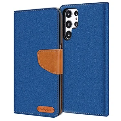 Abbildung von Verco kompatibel mit Samsung Galaxy S23 Ultra Hülle, Schutzhülle für 5G Tasche Denim Textil Book Case Flip Klapphülle, Blau