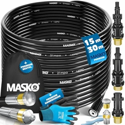 Abbildung von MASKO® Rohrreinigungsschlauch Set Abflussreiniger 15m, 200 bar inkl. Tasche 3 Adapter 2 Düsen + rotierend kompatibel mit Kärcher k2 k7 LAVOR Hochdruckreiniger universal Rohrreinigungsset Handschuhe