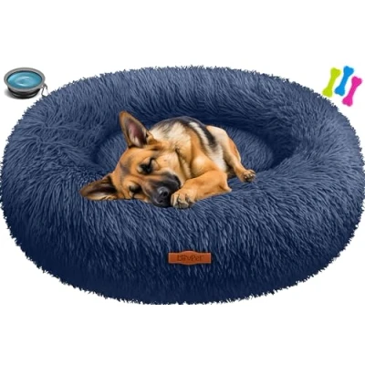 Abbildung von Lovpet® Hundebett Hundekissen Katzenbett Bagel, Waschbar, Inkl. Napf + 3X Kauknochen, Hundesofa flauschig Kissen Rund aus Plüsch für Kleine, Mittelgroße &amp; Große Hunde, Katzen [3XL, Ø 100cm Navyblau]