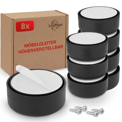 Abbildung von LouMaxx Möbelfüße höhenverstellbar Füße für Möbel Ø 53,5 mm aus Kunststoff Hochwertige Möbelerhöhung zum Kleben oder Schrauben 8er Set Gleitfüße in Schwarz inkl. Montagematerial