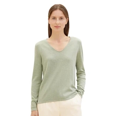 Abbildung von TOM TAILOR Damen Basic Strickpullover mit V Ausschnitt, 35188 Desert Green Melange, XXS