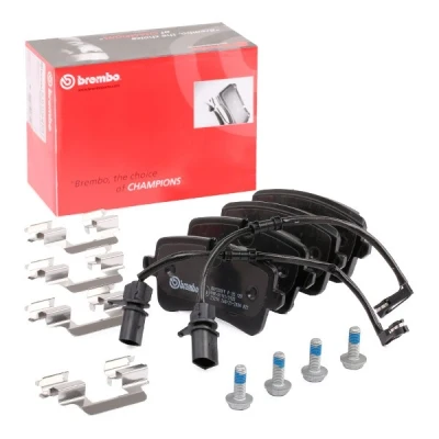 Abbildung von BREMBO P 85 120 Bremsbelagsatz inkl. Verschleißwarnkontakt mit Bremssattelschrauben Zubehör AUDI: A8 D4, A4 B9 Avant, Limousine