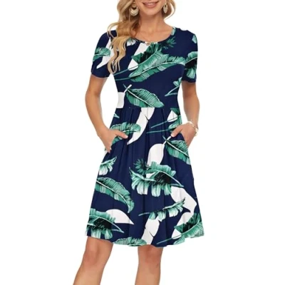 Abbildung von AUSELILY Königsblau Grün Kleider Damen Sommerkleid A Linie Kleid Casual Freizeitkleid Kurzarm Lose Fit S