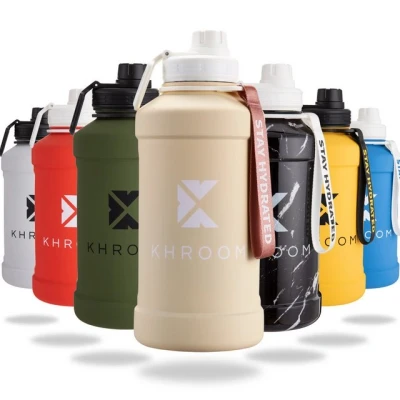 Abbildung von Khroom Trinkflasche Edelstahl 1,3L &amp; 2,2L, Sport Gym Outdoor, 2 Liter XXL Wasserflasche, BPA frei, auslaufsicher, bruchsicher, Kohlensäure geeignet