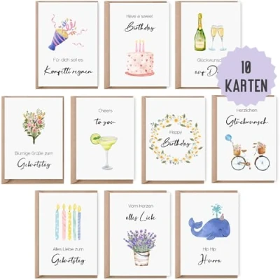 Abbildung von Things of Happiness Geburtskarte Set 10 Geburtstagskarten, Glückwunschkarten Geburtstag, inkl. Briefumschläge