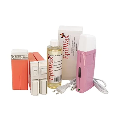 Abbildung von EpilWax Royal Complete Epilation Kit Körper, Bikinizone, Gesicht mit: Wachswärmer 3 Roll On Wachs 100 ml Rosa, 1 Gesicht, Streifen, Öl nach der Enthaarung 250ml (Royal Serie CMV)