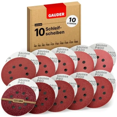 Abbildung von GAUDER Professional Schleifscheiben Set für Exzenterschleifer Ø 125mm 10 Stück Schleifpapier Klett 8 Loch Schleifblätter rund je 1 x 40/60/80/100/120/150/180/240/320/400 Körnung