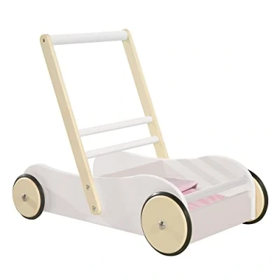 Abbildung von roba Lauflernwagen Scarlett für Babys Lauflernhilfe Kinder Puppenwagen mit rosa Textilien Holz weiß lackiert