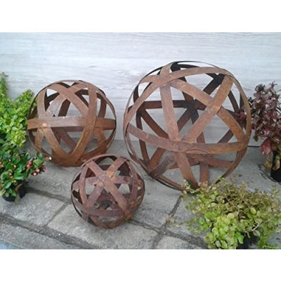 Abbildung von terracotta toepfe de 3er Set, je Kugel 20 + 30 +40 cm aus Metall Edelrost/Deko Garten/Rost Streifenbandkugel Eisen Streifen