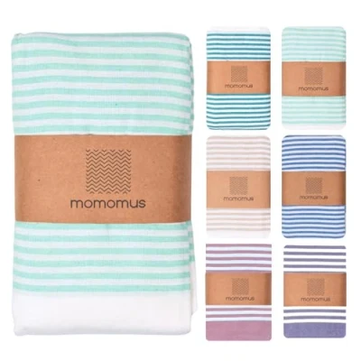 Abbildung von MOMOMUS Fouta XXL oder Picknickdecke für den Strand Mit Fransen, Gestreift und Leicht Große Stranddecke, Sandfreie Strandmatte Faltbare Campingdecke Türkis, 210x240 cm